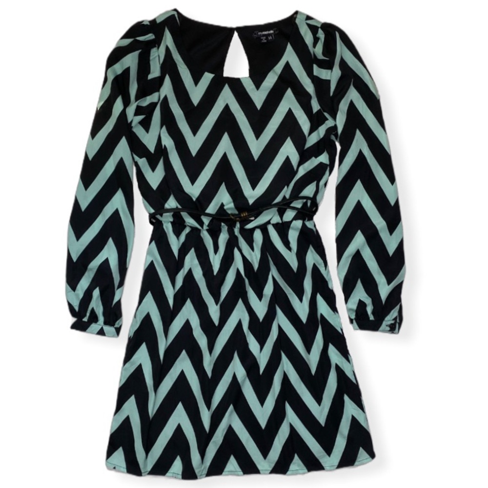 Mint Green & Black Long sleeve Chevron Dress